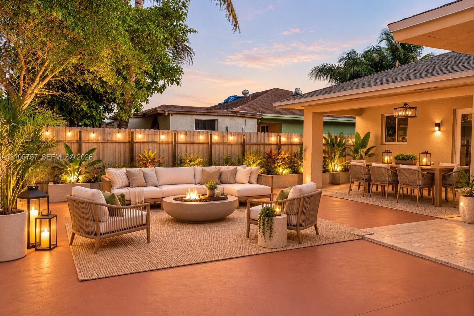 Backyard patio featuring a covered terrace, concrete flooring, and a fenced perimeter