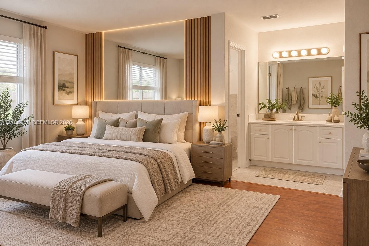 Bedroom featuring a wall-mounted mirror accent with integrated vertical wood slat paneling and recessed LED lighting, accompanied by a double-sink vanity with white cabinetry and an attached oversized mirror