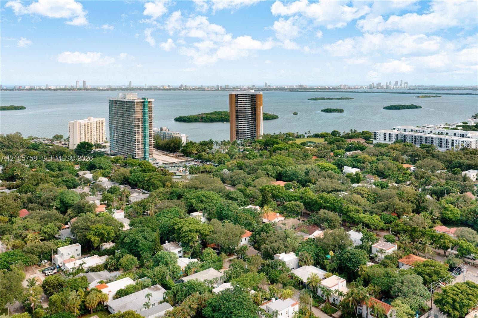 Aerial perspective of a coastal residential community featuring dense mature tree canopy, proximity to open water, and distant skyline