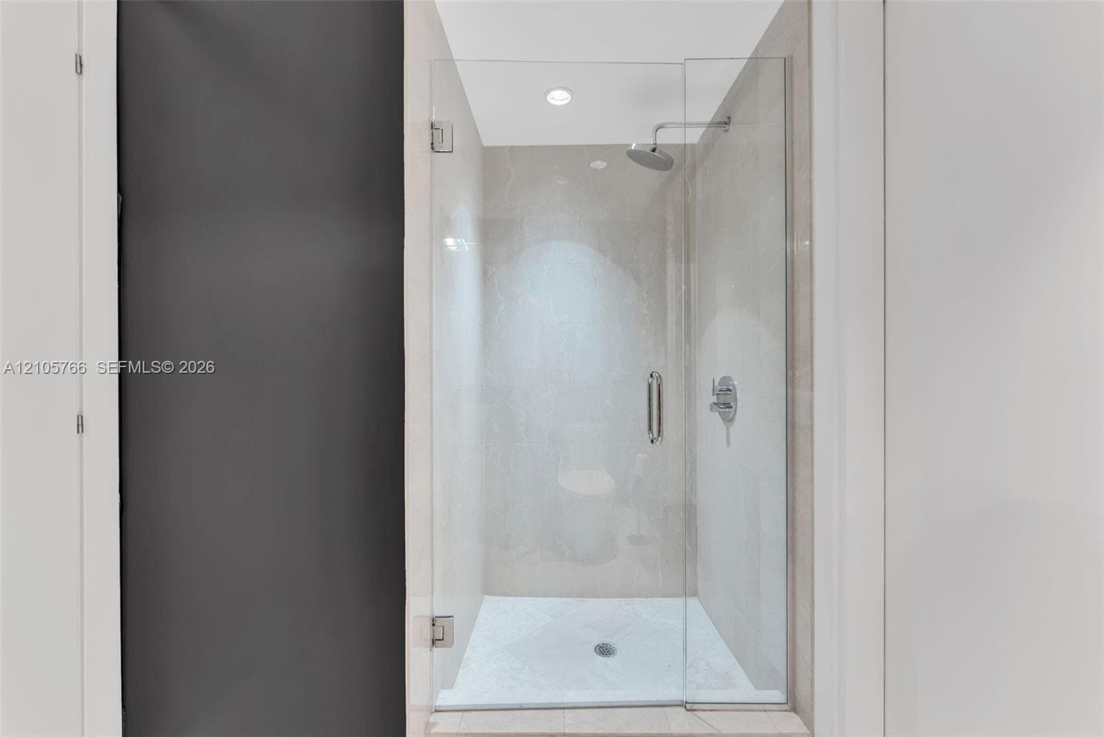 Glass-enclosed walk-in shower with rain shower head in the second bath.