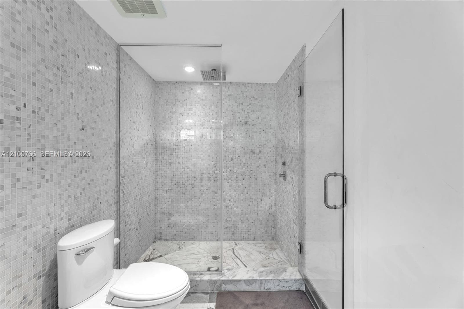 Primary bath with a glass-enclosed walk-in shower, rain shower head and mosaic tile walls.