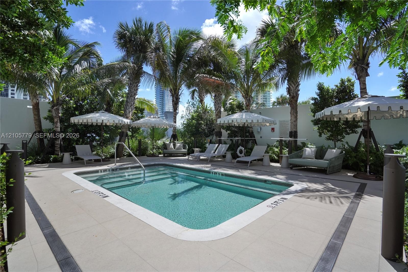 In-ground swimming pool featuring a built-in step entry, surrounded by light-toned paved decking, mature palm trees, and perimeter privacy wall