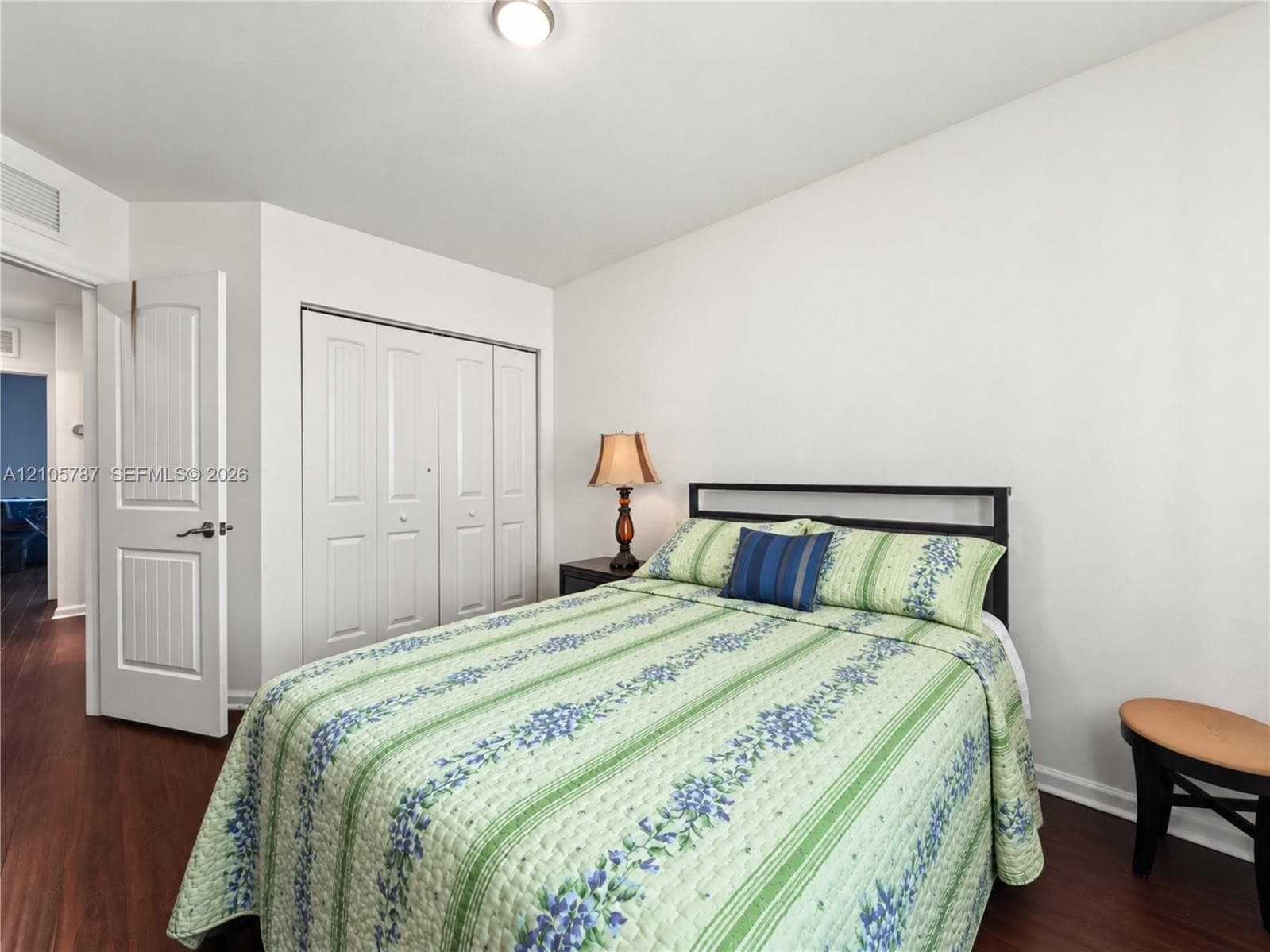 Room featuring wood-finish flooring, a multi-panel interior door, and a built-in closet with folding doors