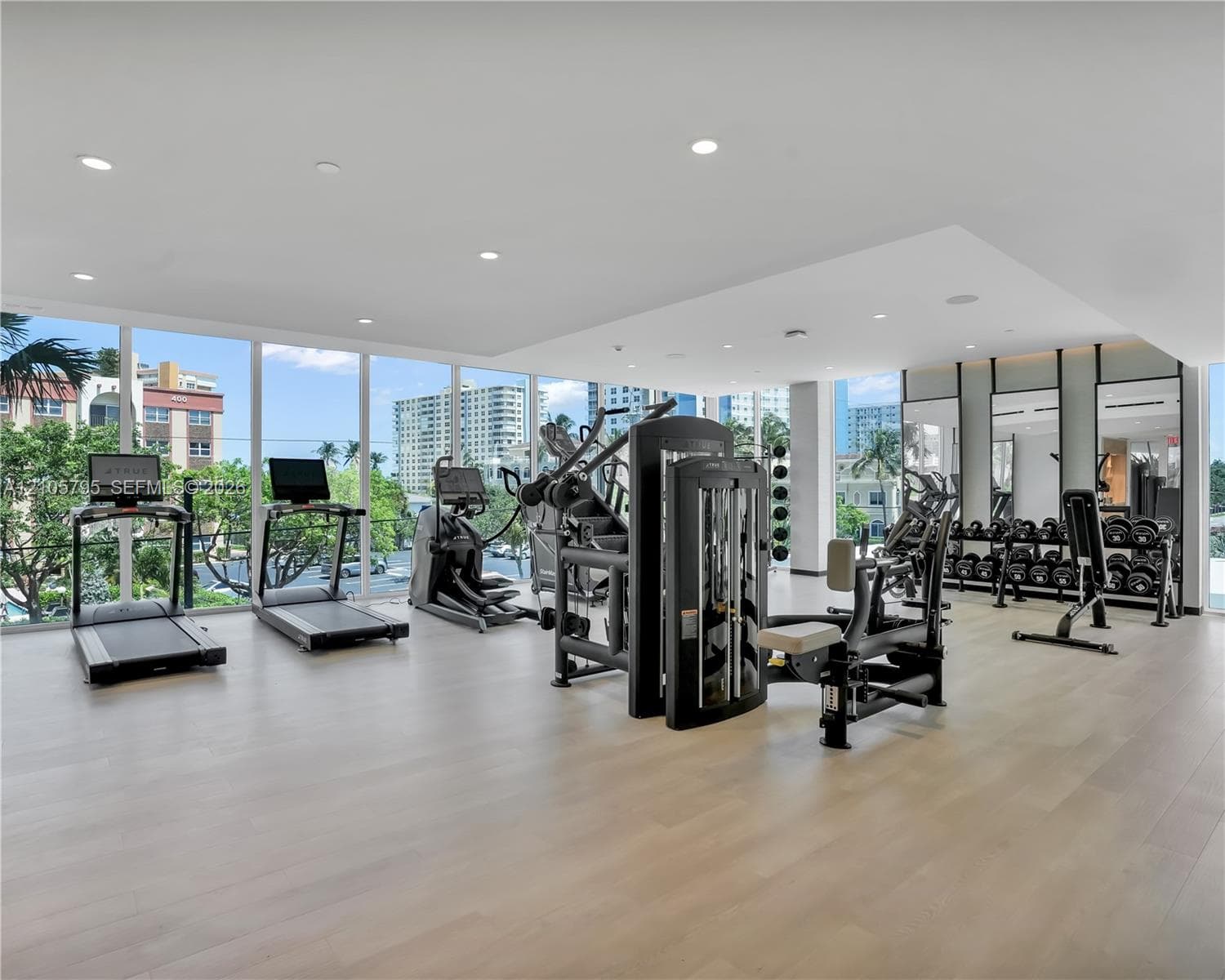 Fitness center featuring floor-to-ceiling glass windows, recessed lighting, wood-finish flooring, and built-in full-length mirrors