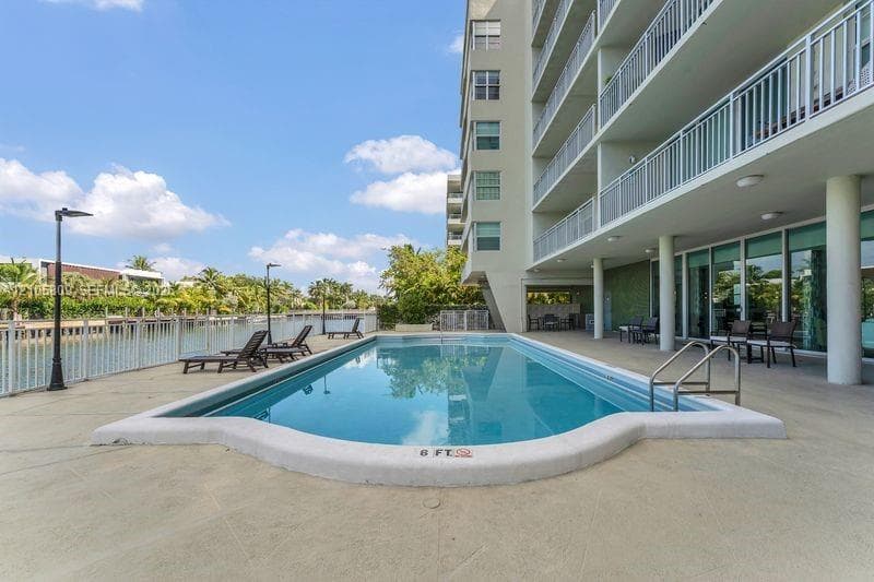 Swimming pool with a concrete deck, white metal fencing, and water frontage