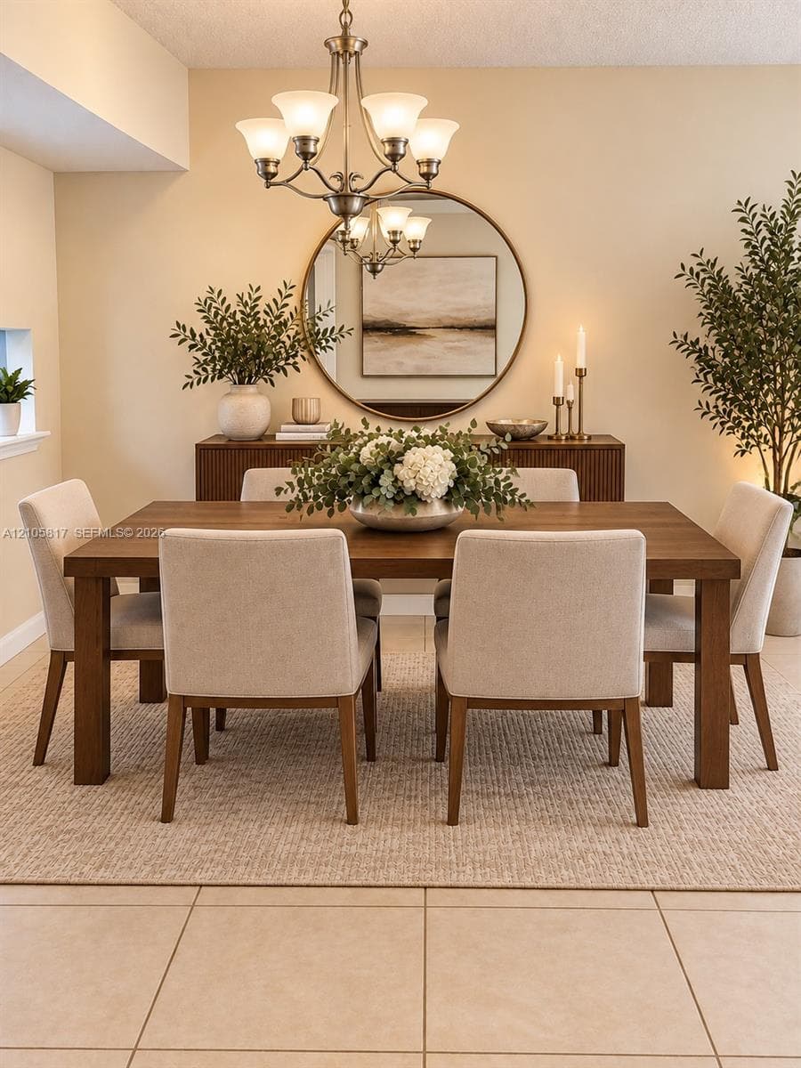 Dining area featuring large-format ceramic floor tiles, a multi-arm metallic chandelier, and a prominent round wall-mounted mirror