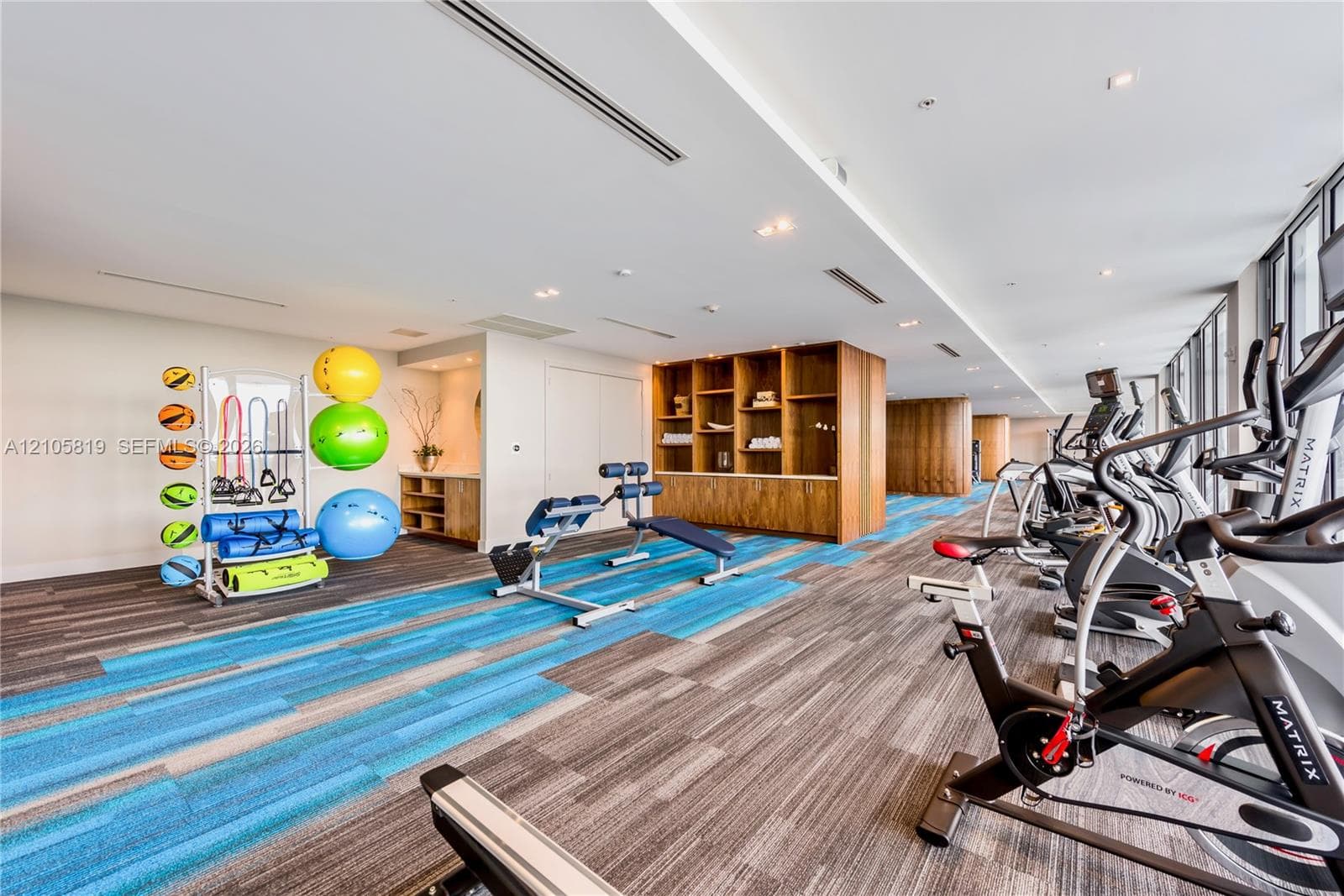 Fitness center featuring recessed lighting, patterned carpeting, built-in wooden shelving, and expansive floor-to-ceiling windows