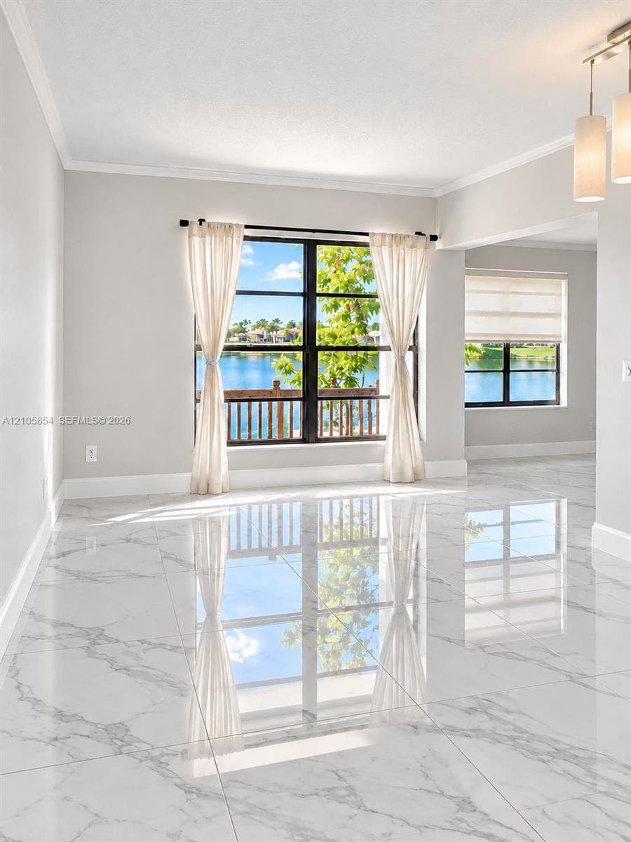 Edited image showing how the room would look without furniture, highlighting its spacious layout, beautiful flooring and stunning lake view.