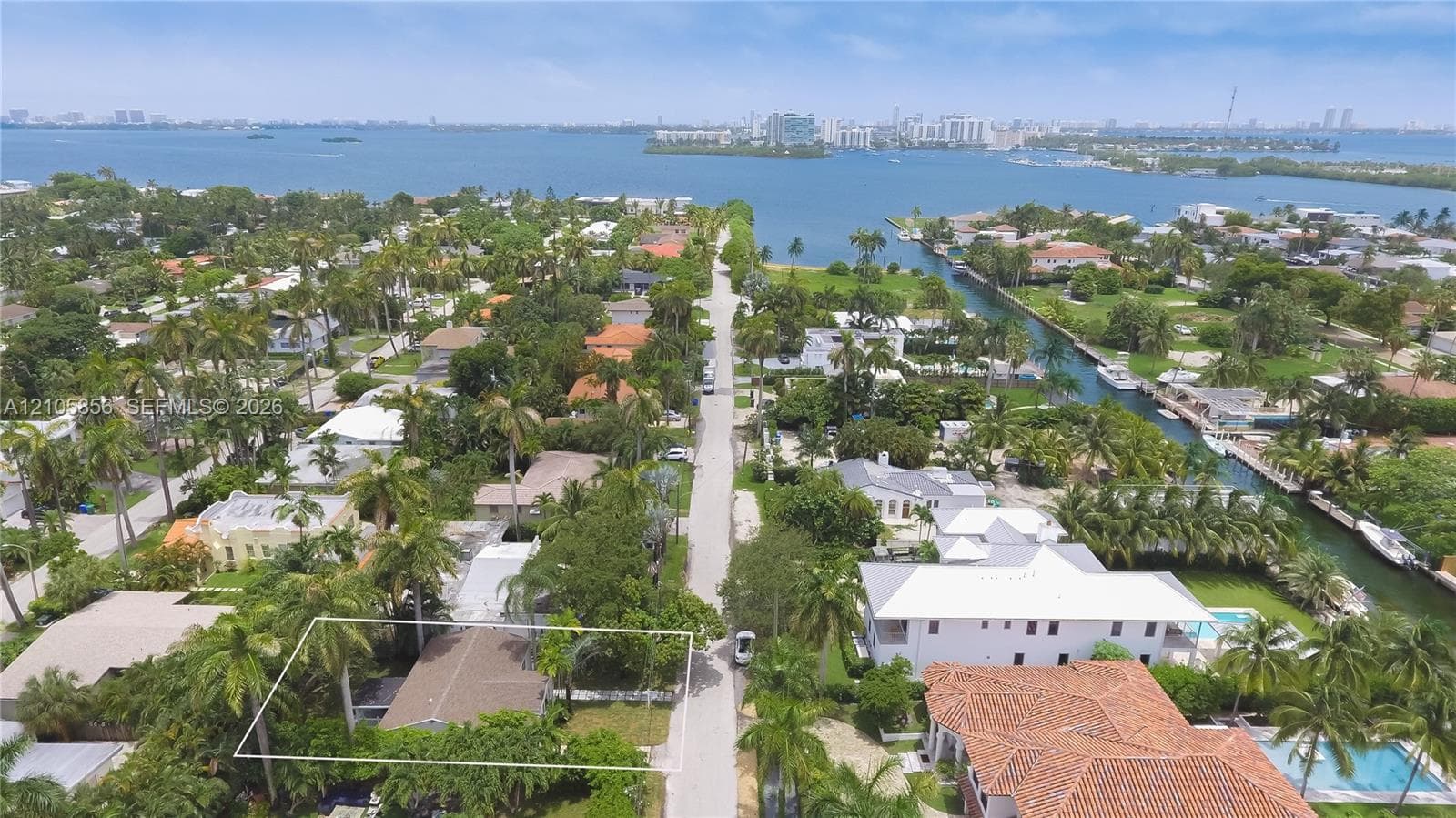 Aerial perspective of a residential parcel with mature palm trees and established canopy foliage