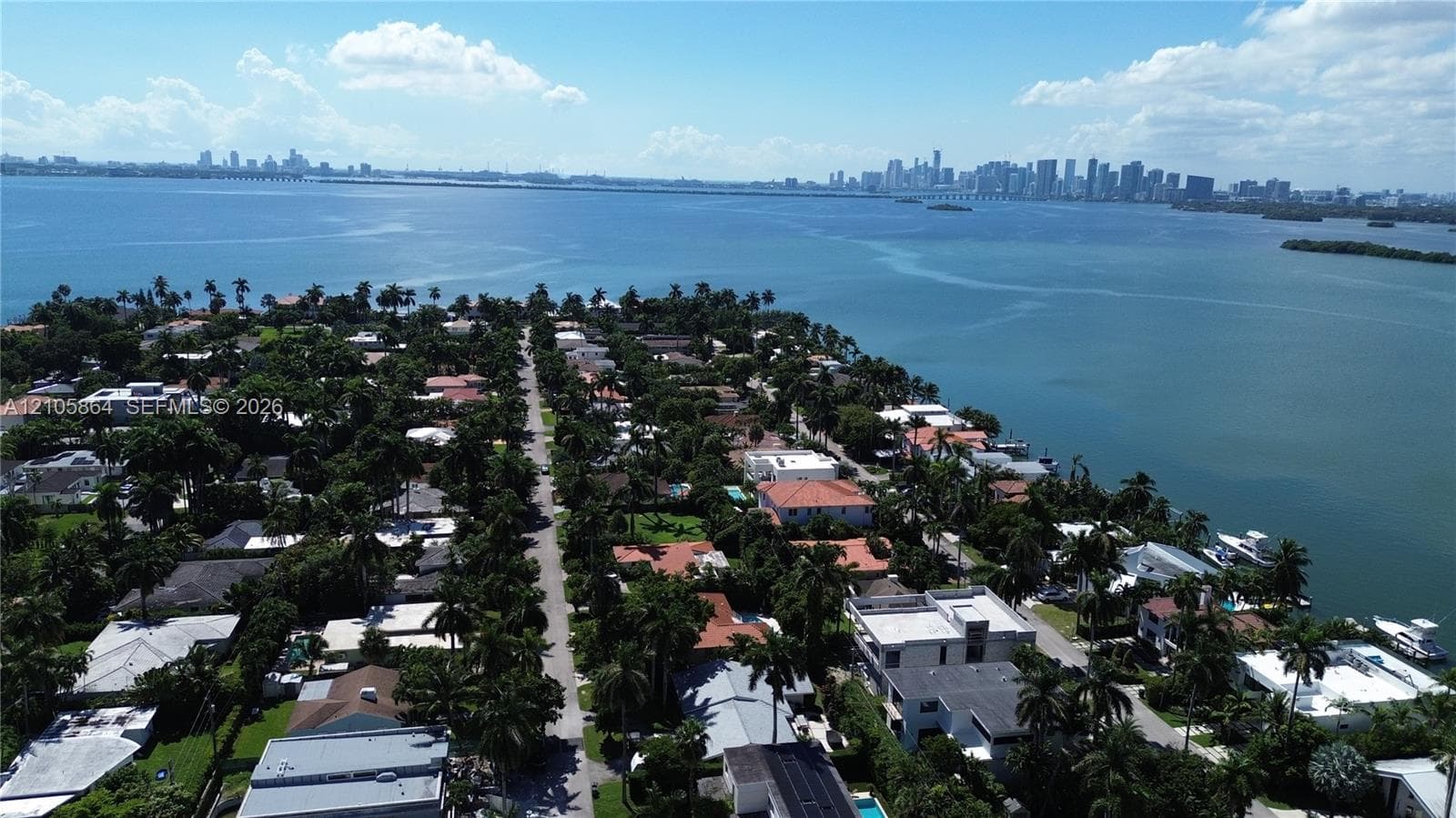 Aerial perspective of a coastal residential neighborhood featuring extensive waterfront exposure, mature tree canopy, and a distant urban skyline