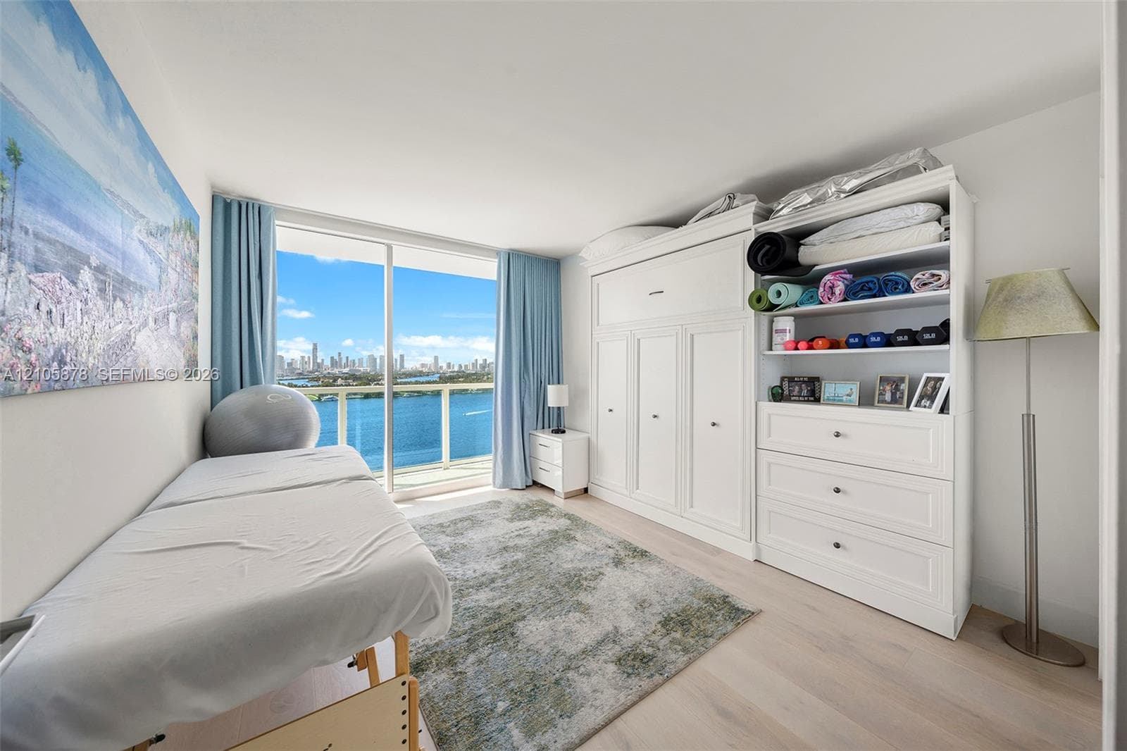 Floor-to-ceiling sliding glass door, custom built-in white cabinetry with integrated shelving and drawers, wood-finish flooring, and coastal skyline horizon