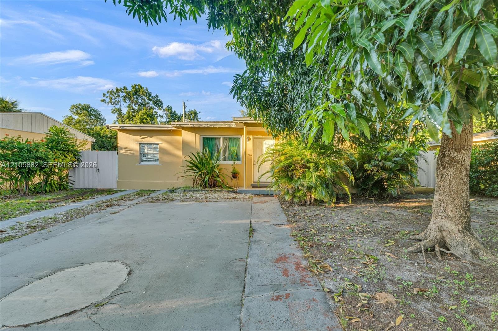 Single-story exterior featuring a stucco facade, concrete driveway, and mature landscaping