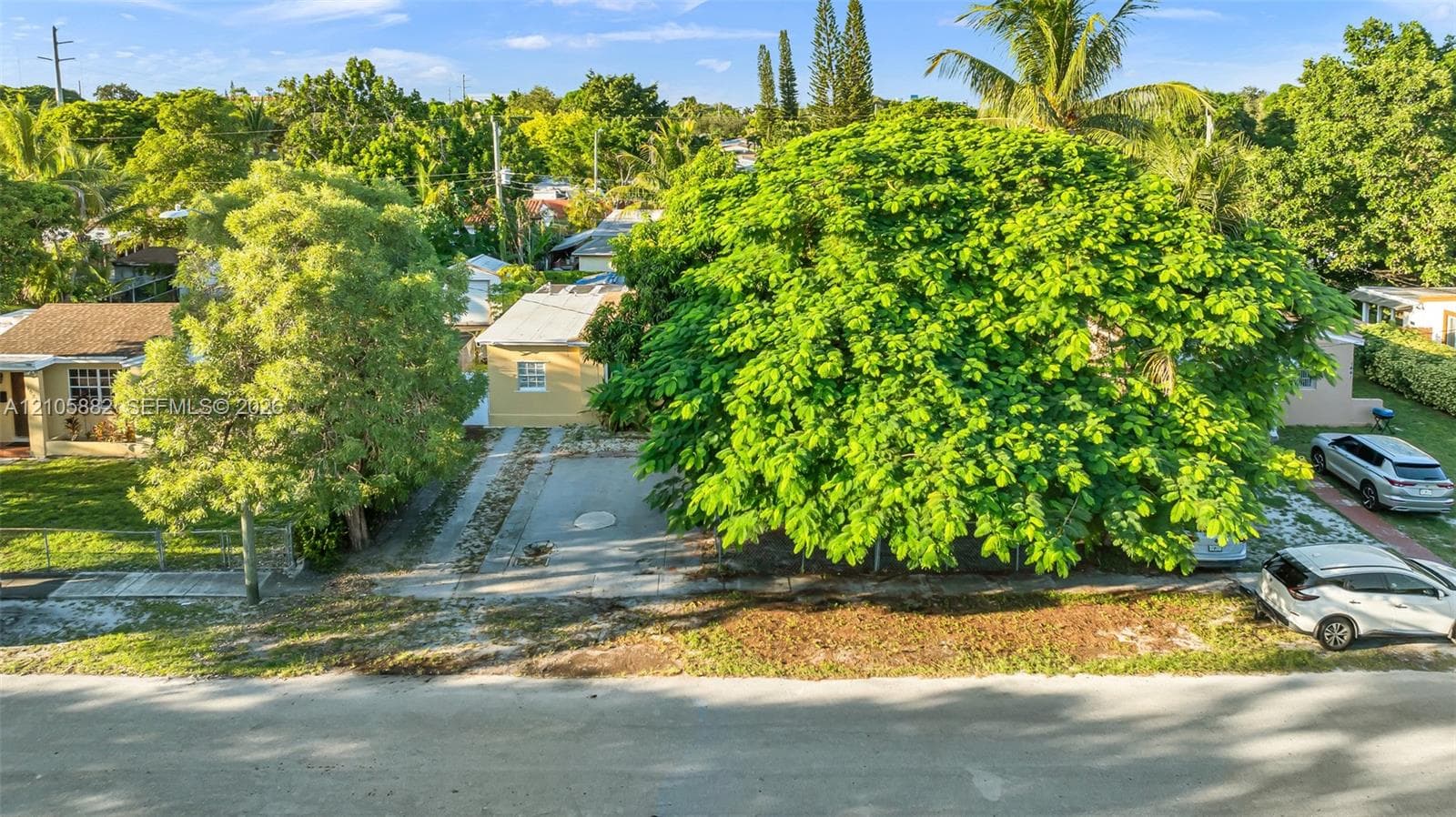 Exterior grounds featuring mature trees and a concrete driveway