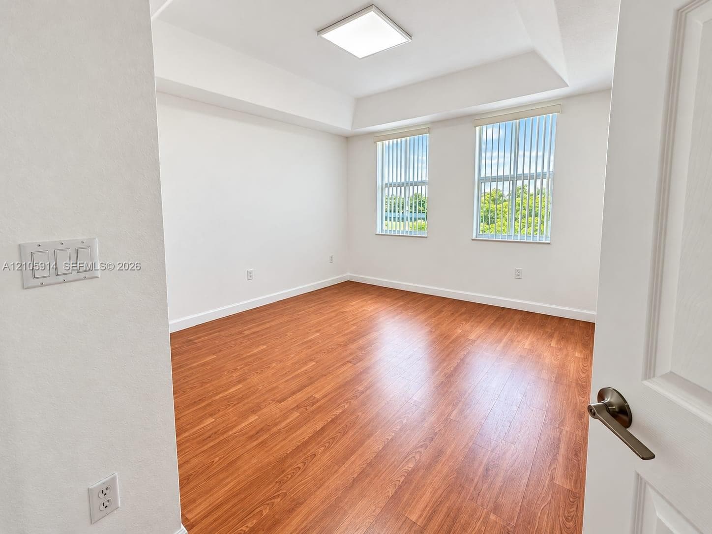 Room featuring wood-finish flooring, a tray ceiling, dual vertical windows, and a flush-mount overhead light fixture