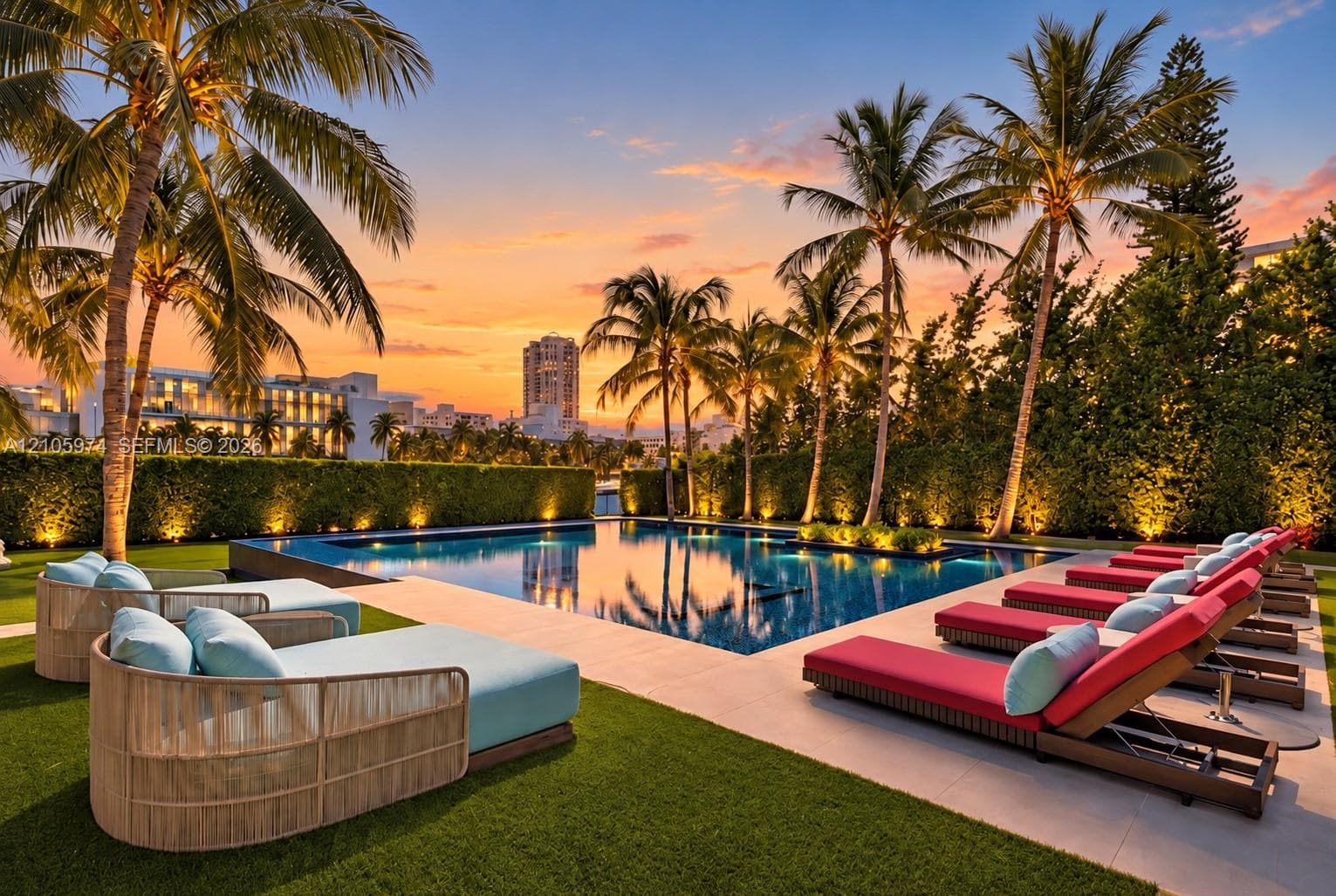 Swimming pool with stone-surround decking, manicured lawn, and mature palm trees