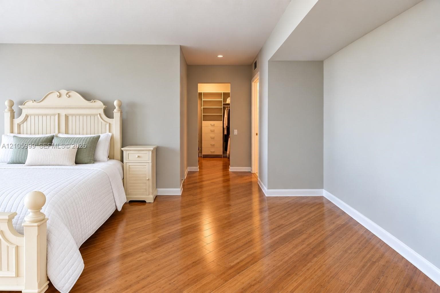 Spacious room featuring wood-finish flooring, recessed lighting, and a walk-in closet with built-in shelving and drawers