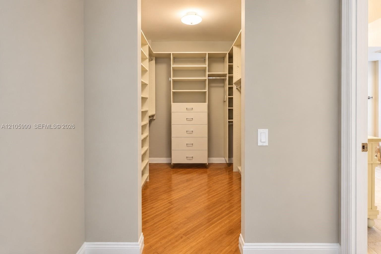 Walk-in closet featuring custom built-in cabinetry, five-drawer dresser unit, integrated shelving, and wood-finish flooring