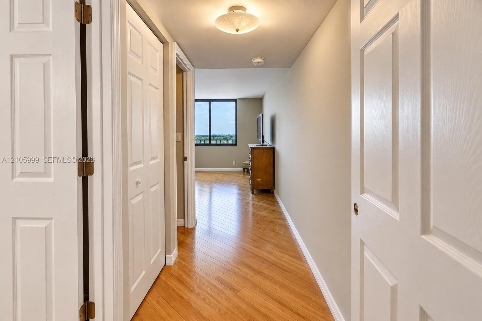 Interior hallway featuring wood-finish flooring, white six-panel doors, and a ceiling-mounted light fixture