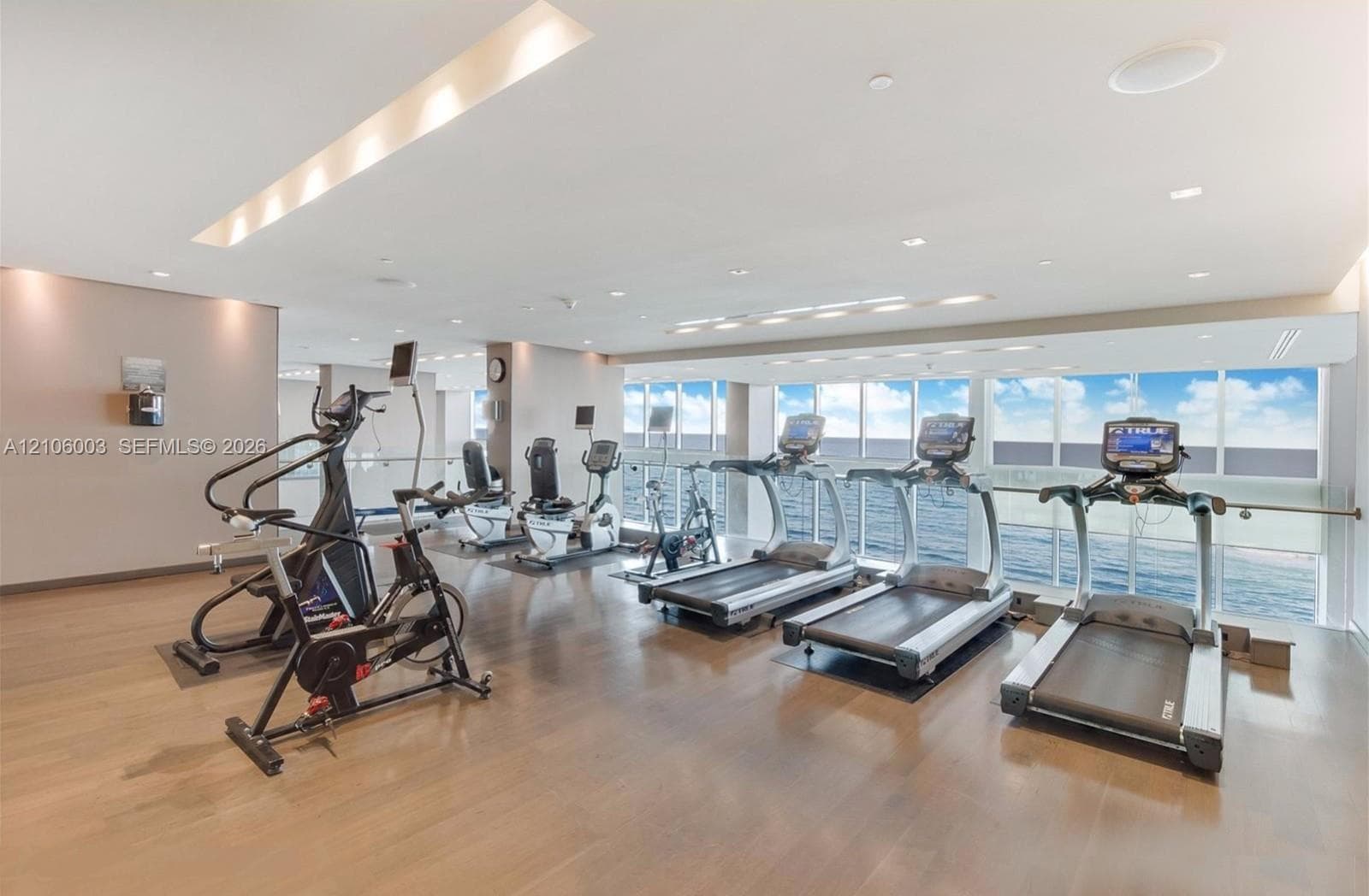 Fitness center featuring expansive floor-to-ceiling windows, wood-finish flooring, recessed ceiling lighting, and smooth-finish drywall