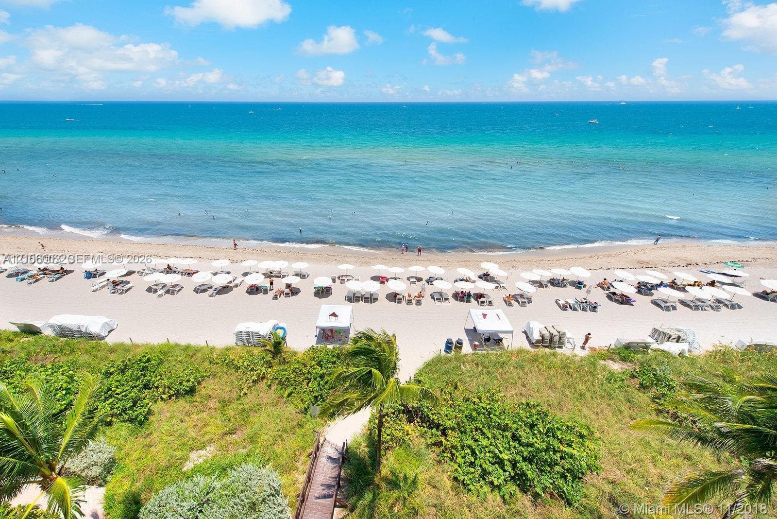 Direct oceanfront property featuring sandy beach access, a wooden boardwalk, manicured dune vegetation, and palm trees
