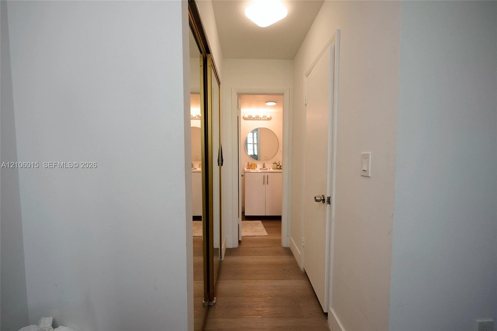 Hallway featuring wood-finish flooring, floor-to-ceiling mirrored sliding closet doors, and flush-mount ceiling lighting