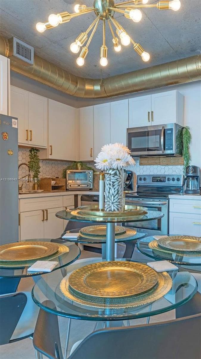 Kitchen featuring white cabinetry, hexagonal tile backsplash, gold-tone industrial ductwork, a concrete ceiling, and a multi-arm sputnik chandelier