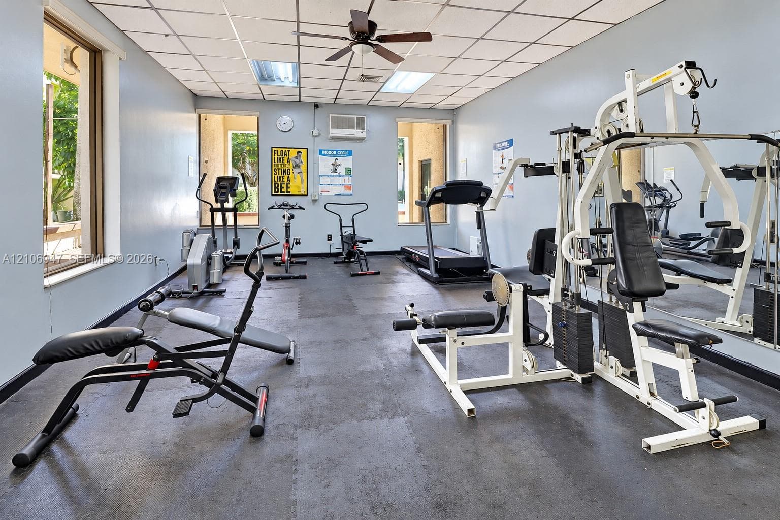Fitness room featuring rubberized flooring, mirrored wall, ceiling fan, and large windows providing natural light