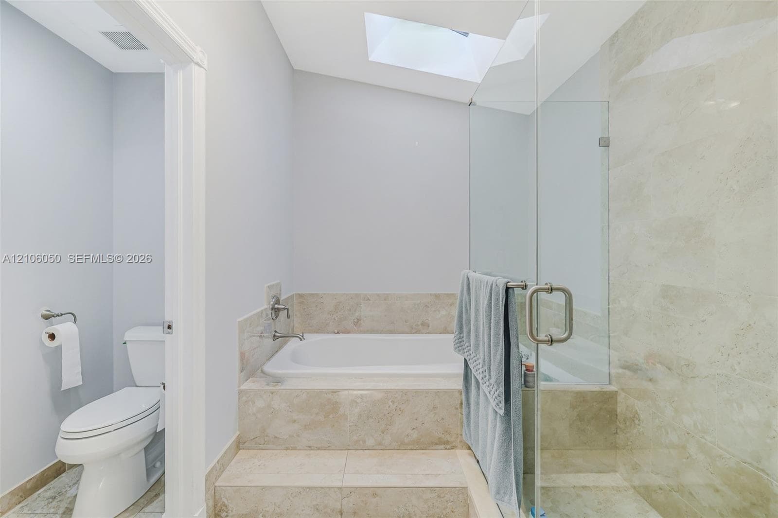 Built-in drop-in bathtub with stone-surround, frameless glass-enclosed shower, skylight, and neutral wall-mounted toilet