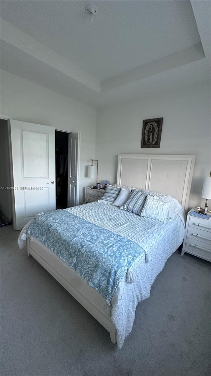 Tray ceiling, carpeted flooring, and multi-panel interior doors