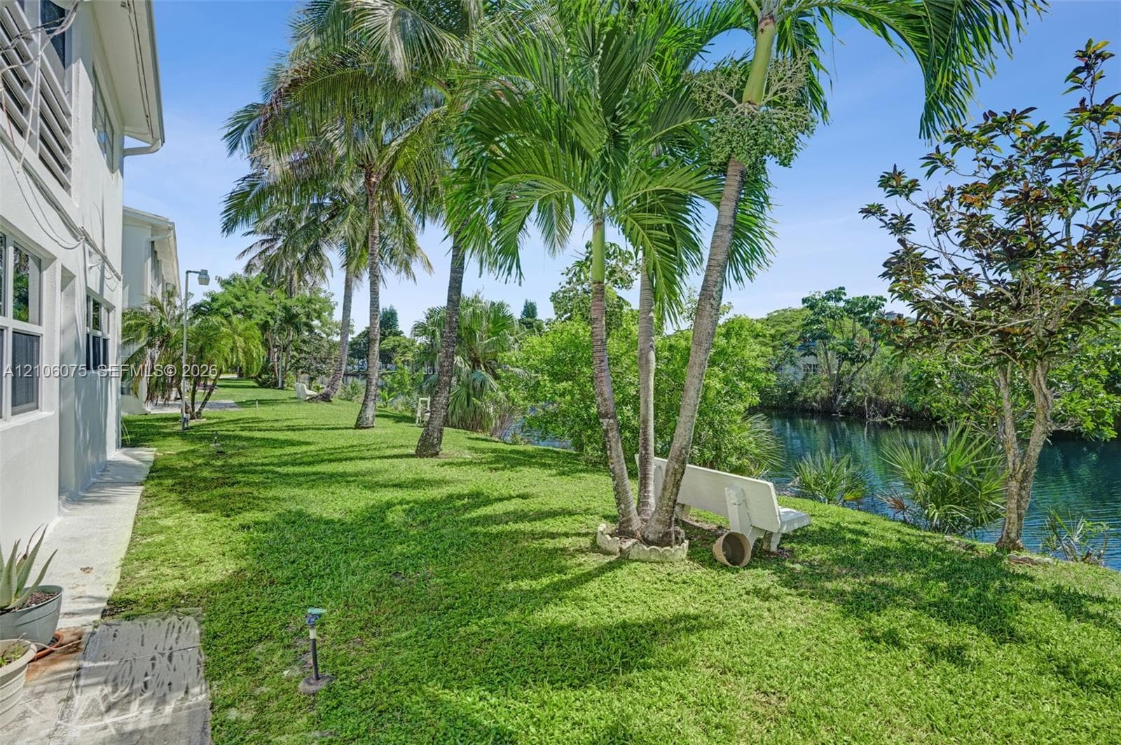 Waterfront grounds featuring mature palm trees, a concrete pathway, and a built-in stone bench