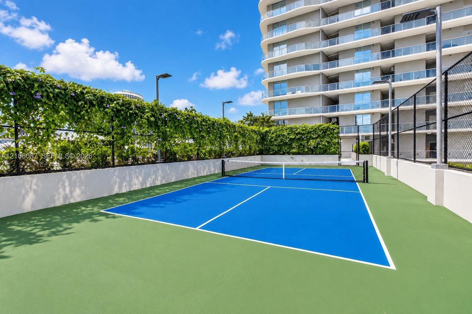 Pickleball court featuring a dual-toned hard surface, perimeter fencing with natural vegetation screen, and stadium-style lighting