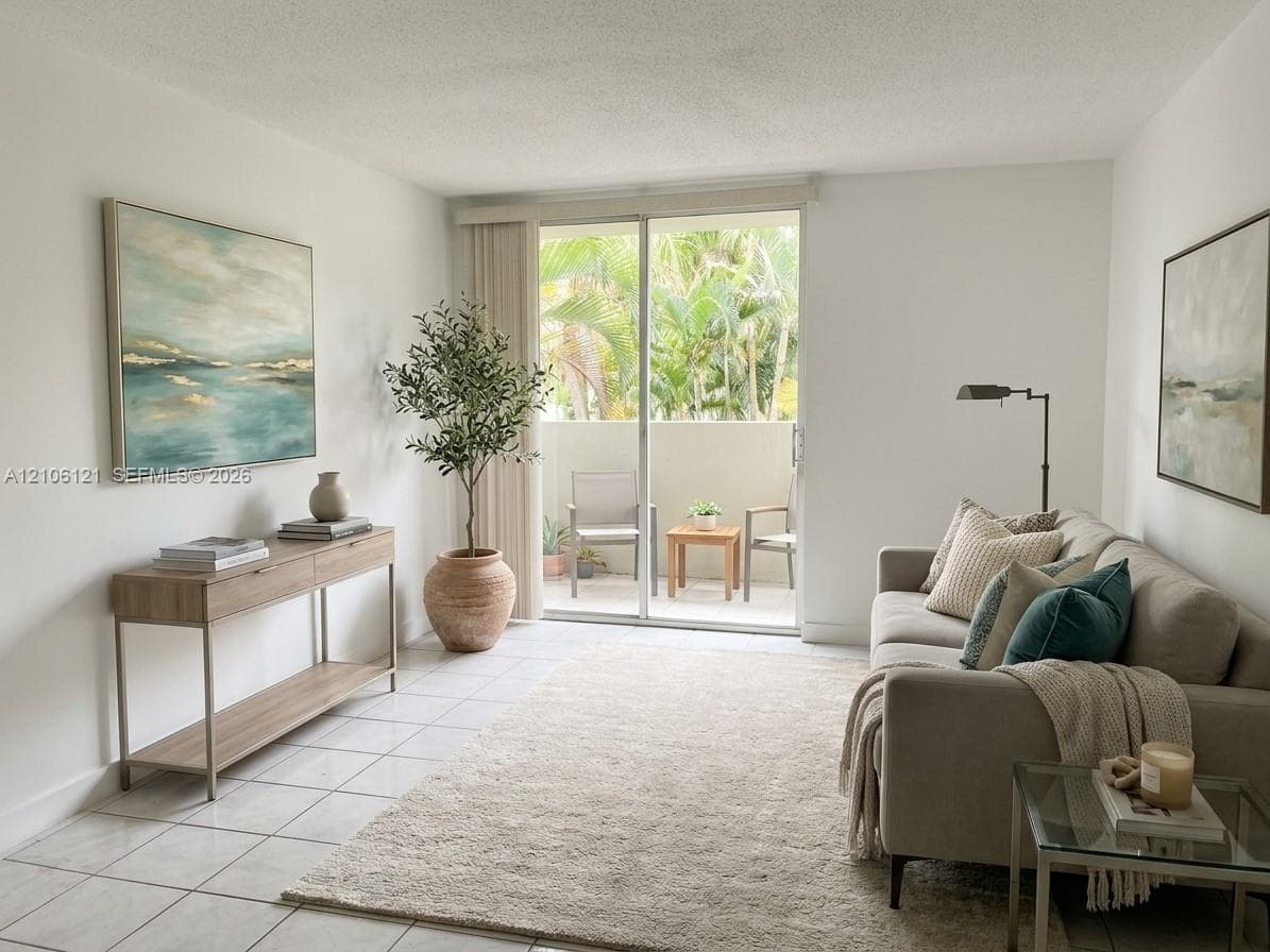 Neutral tile flooring, sliding glass door, and private balcony