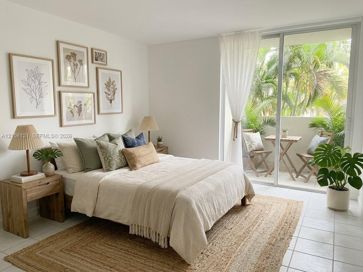 Room featuring neutral-toned tile flooring and expansive sliding glass doors opening to a private balcony