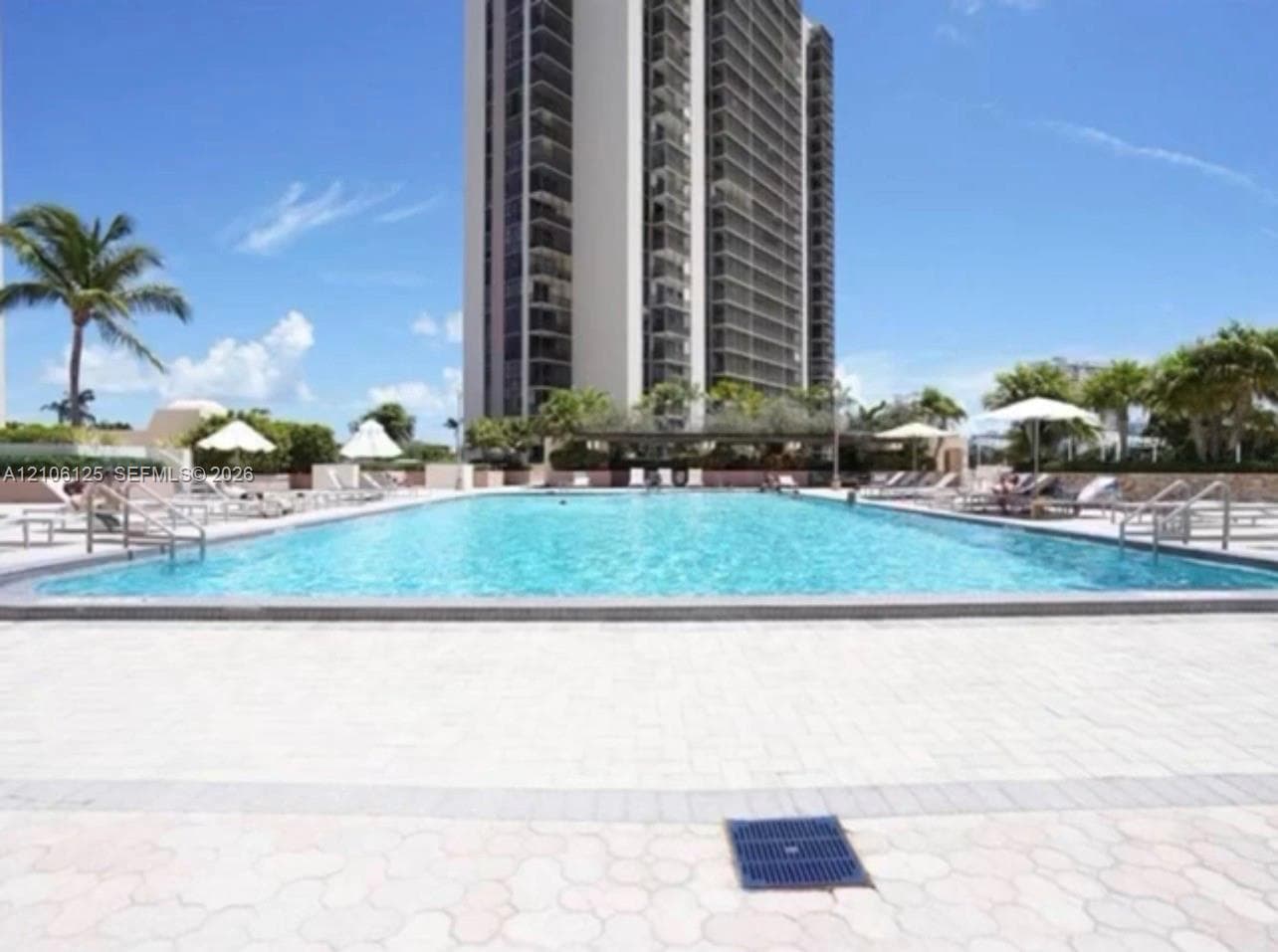 Large swimming pool with stone-paver decking, metal entry rails, and surrounding palm trees