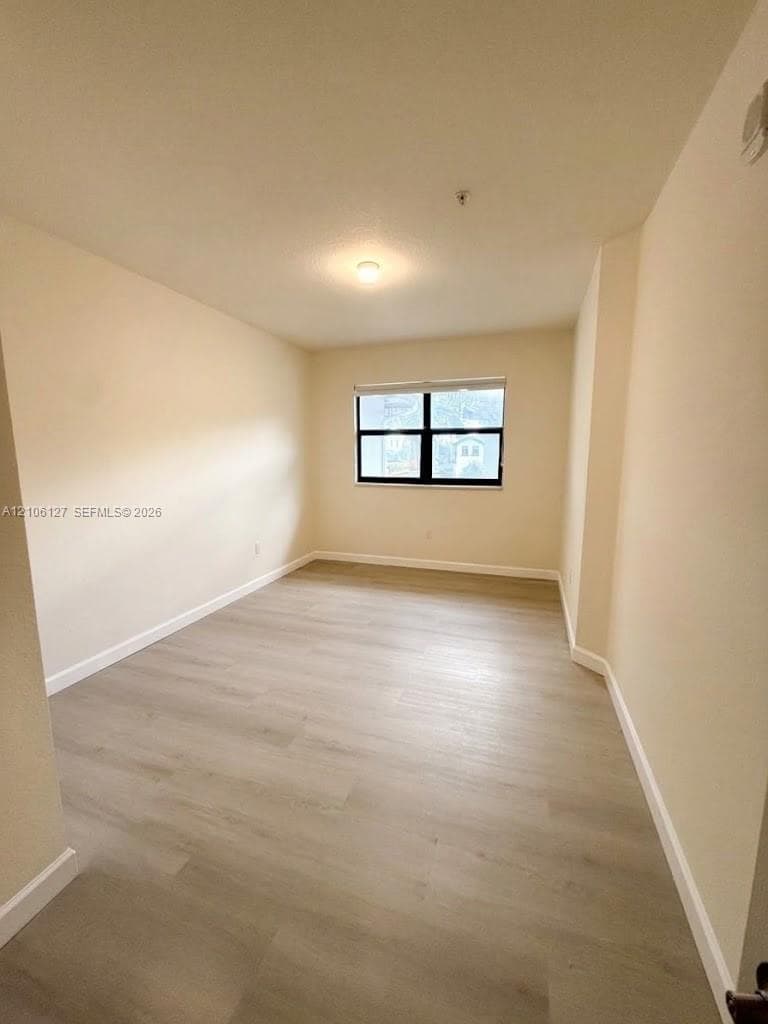 Neutral interior room featuring wood-finish flooring, a grid-pattern window with a dark frame, and a flush-mount ceiling light