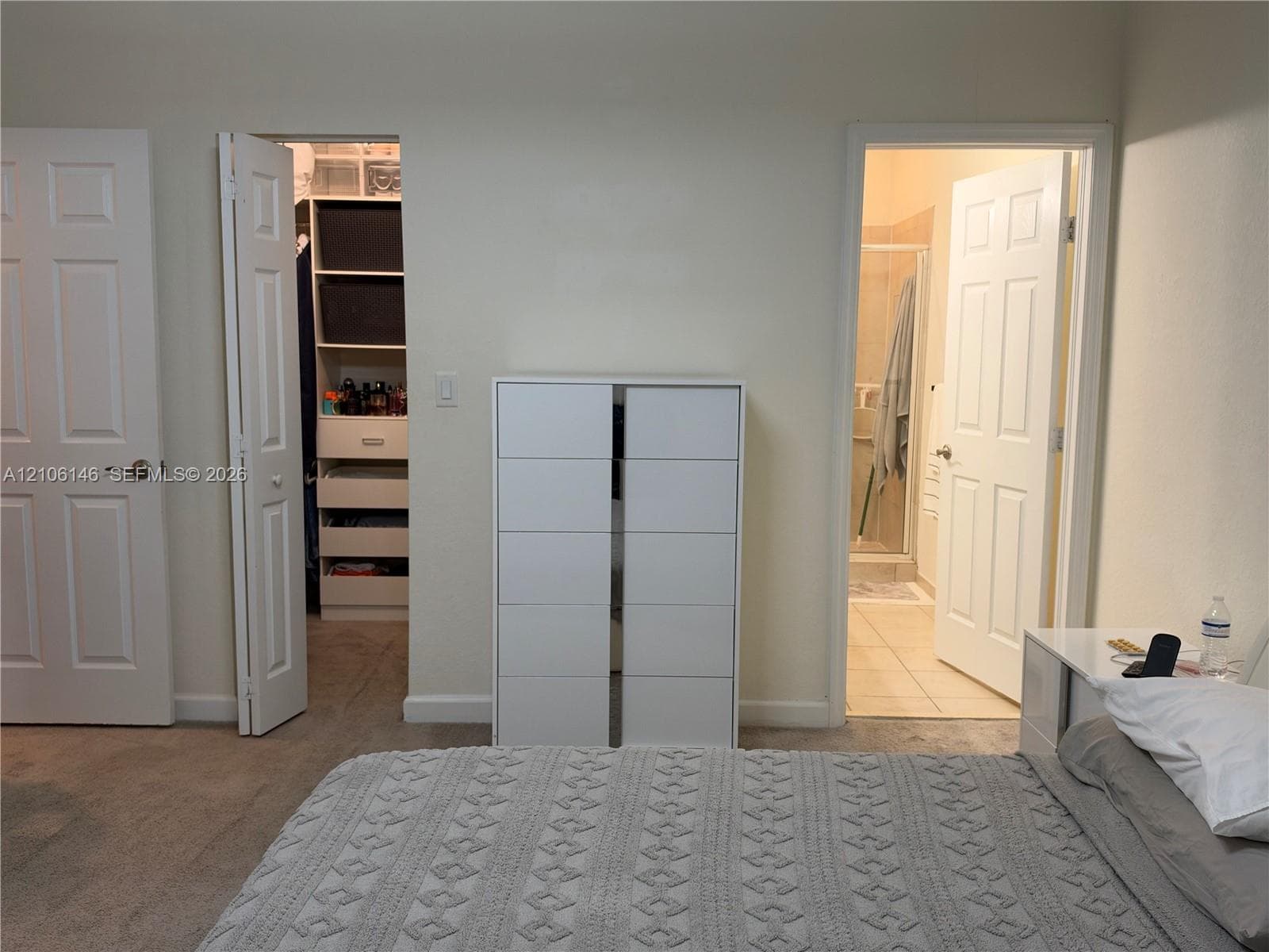 Room featuring neutral wall finishes and carpeted flooring, including a walk-in closet with built-in shelving, six-panel interior doors, and a separate room entry with tiled flooring