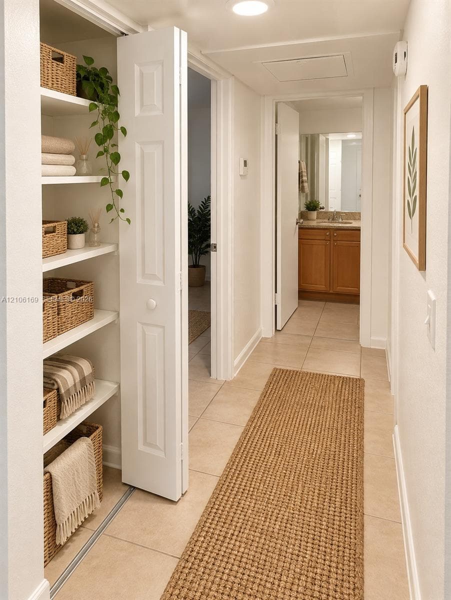 Built-in hallway storage featuring five open shelves, neutral tile flooring, and a paneled bi-fold door