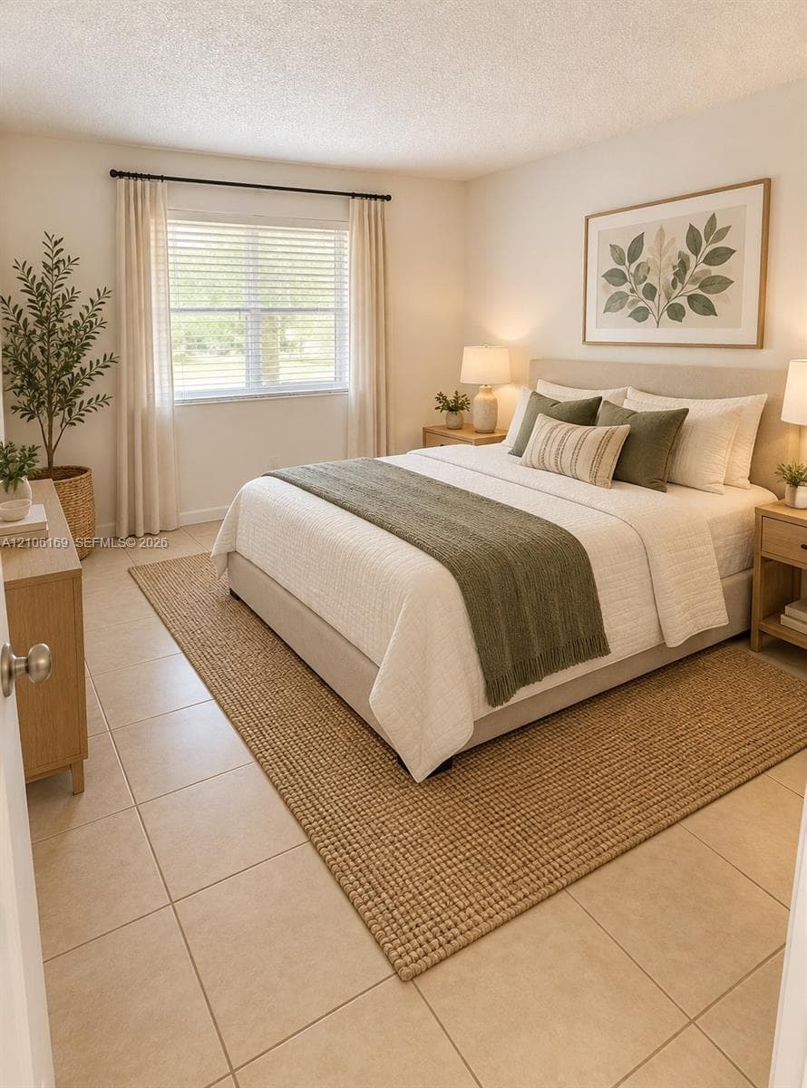 Neutral tile flooring, large single-hung window with black hardware, and crisp off-white wall finishes