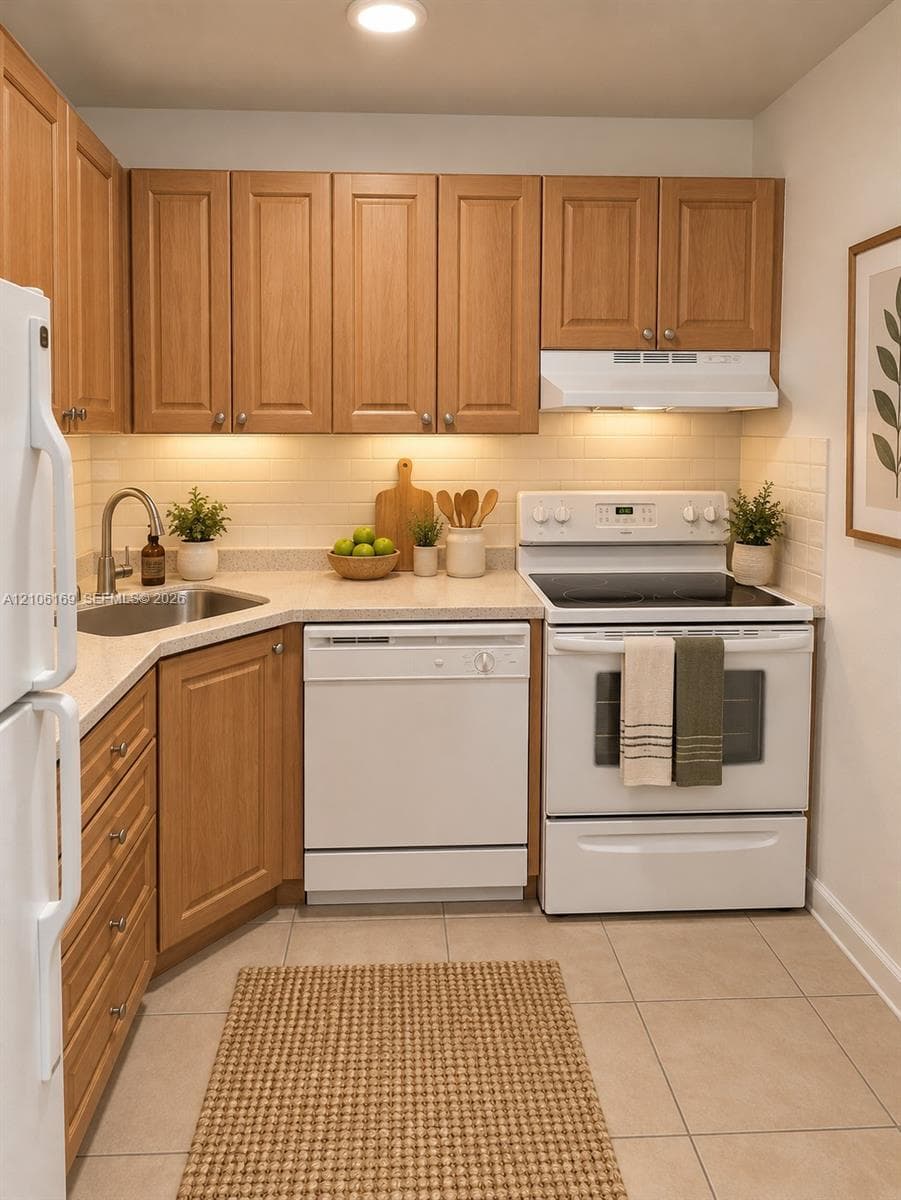Kitchen featuring wood cabinetry, solid-surface countertops, tile backsplash, white appliance suite, and ceramic tile flooring