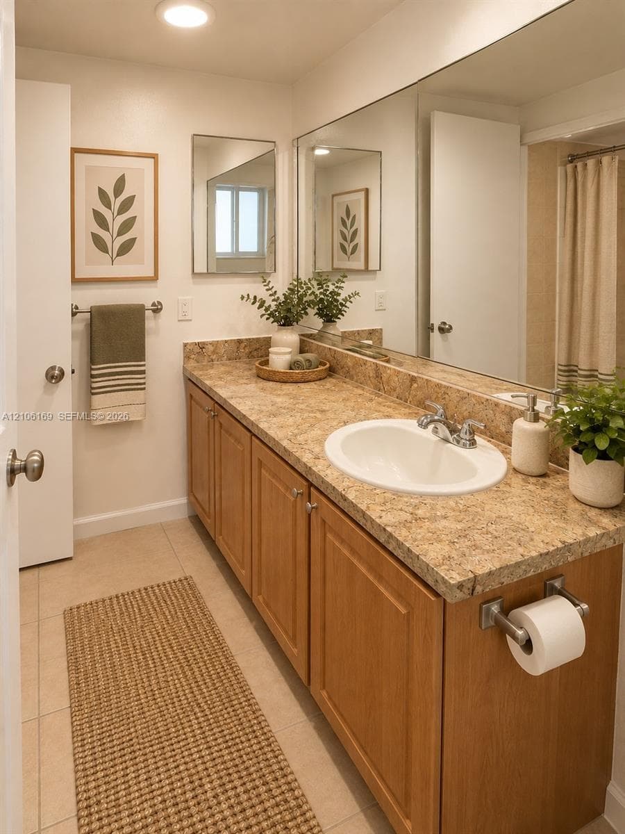 Bathroom featuring a wood-finish vanity with a stone-composite countertop, an integrated oval basin, a full-width wall mirror, and tile flooring