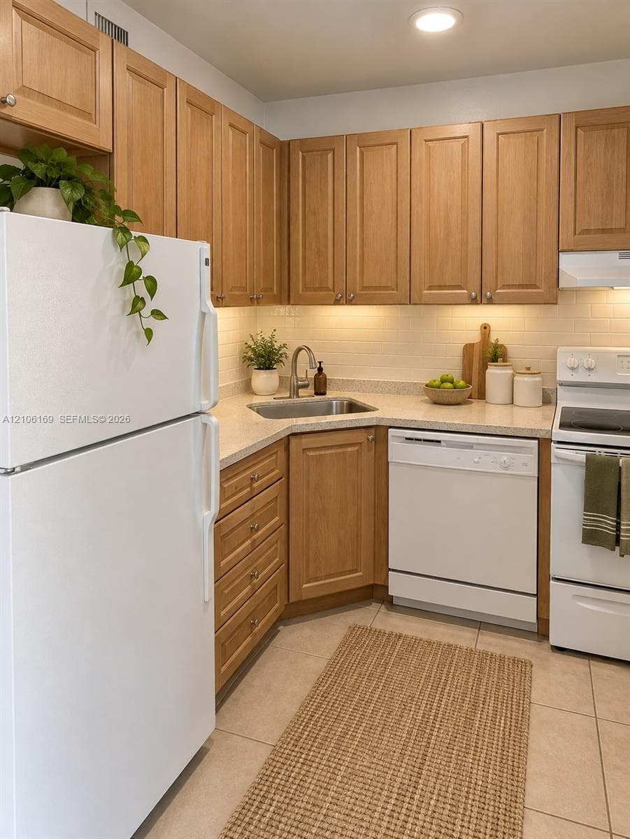 Kitchen featuring shaker-style wood cabinetry, light-toned countertops, subway tile backsplash, stainless steel sink, and tile flooring