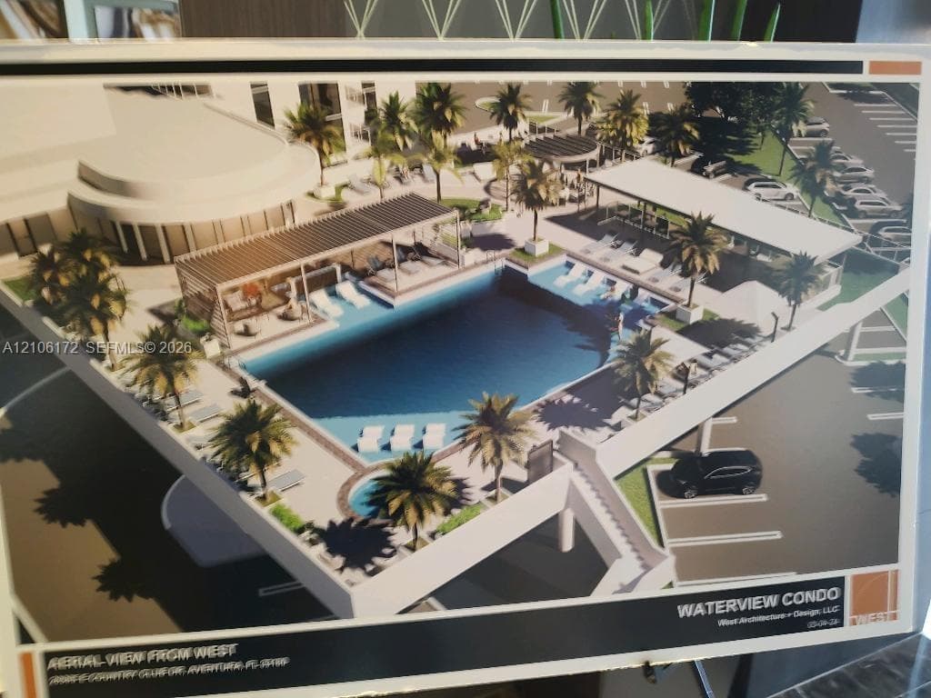 Aerial perspective of a multi-level pool deck featuring a swimming pool, integrated spa, built-in pergola structures, and landscaped palm trees