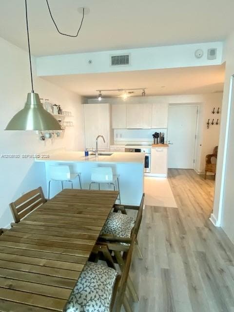 Kitchen featuring light-toned cabinetry, light-toned countertops, wood-finish flooring, and a metal pendant light fixture