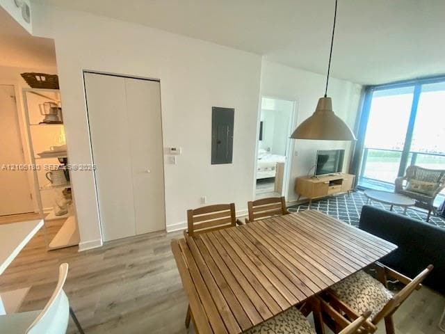 Open-concept interior featuring wood-finish flooring, floor-to-ceiling glass paneling, and a contemporary metallic pendant light fixture
