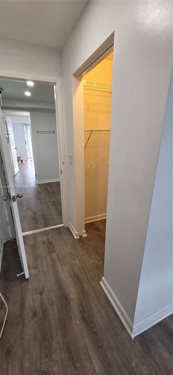 Wood-finish flooring throughout, walk-in closet with built-in wire shelving, and recessed ceiling lighting