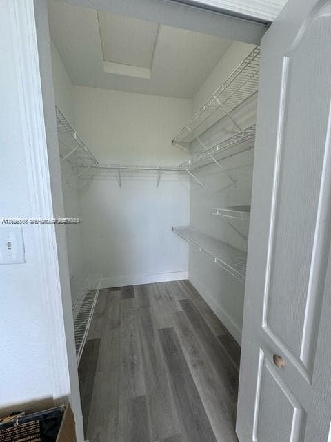 Walk-in closet featuring wood-finish flooring and multi-level white wire shelving
