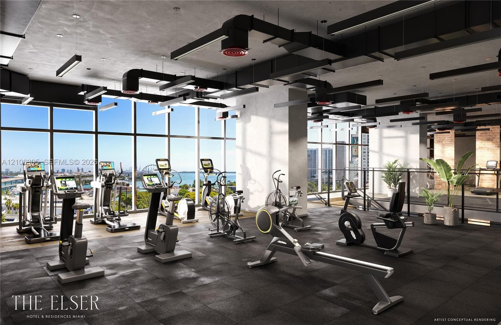 Fitness center featuring floor-to-ceiling windows, exposed ductwork, concrete ceilings, and rubberized flooring