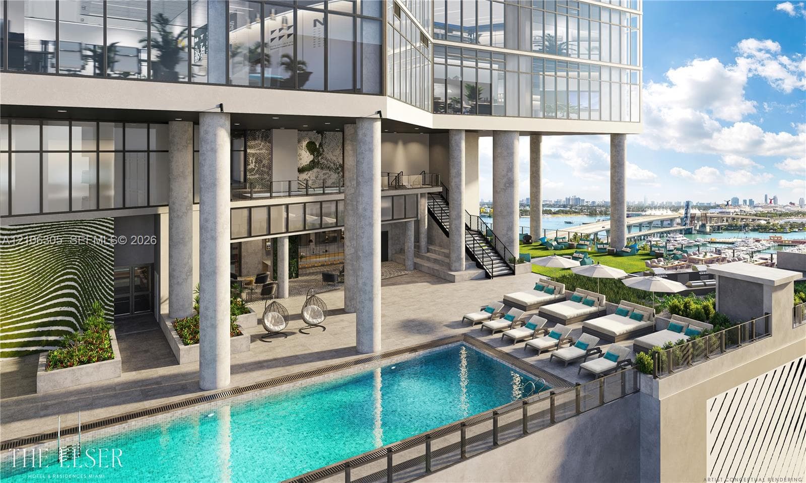 Elevated outdoor terrace featuring a swimming pool, stone-finish decking, structural concrete columns, and glass railings overlooking the harbor