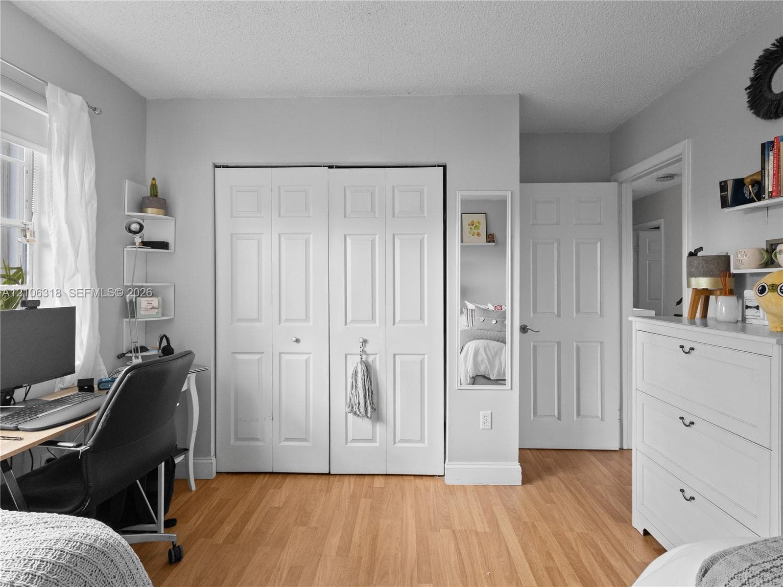 Wood-finish flooring, white paneled doors, and a wall-mounted mirror