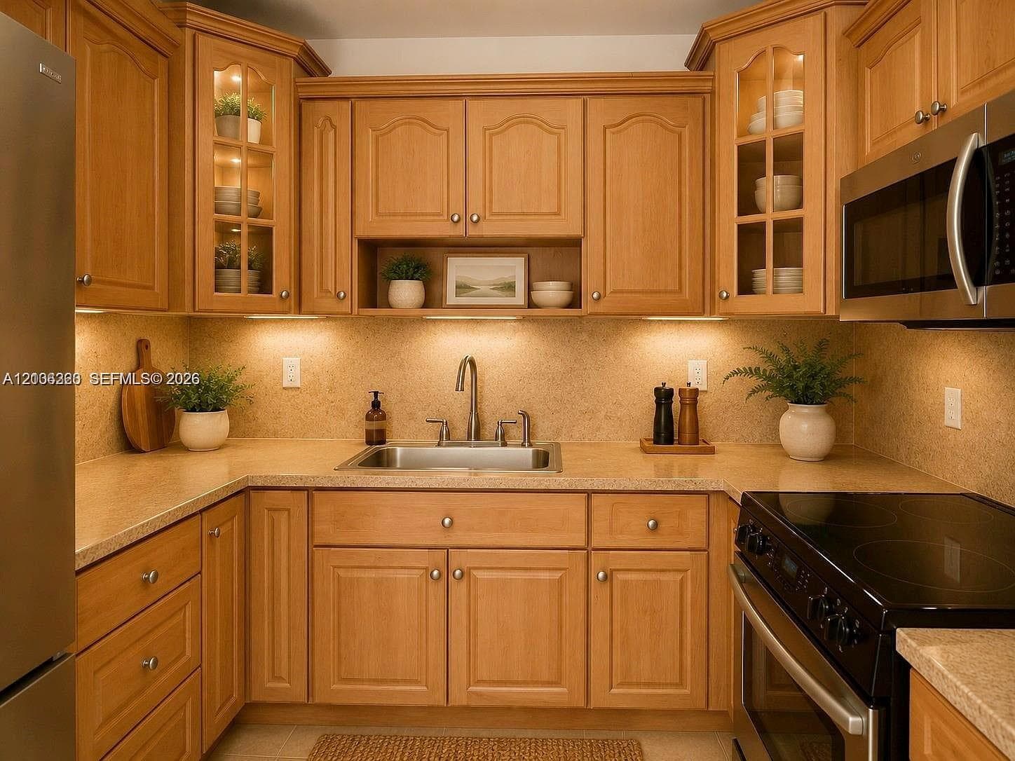 Kitchen featuring light wood cabinetry with upper glass-front display panels, stone-finish countertops, an undermount stainless steel sink with a gooseneck faucet, and stainless steel appliances
